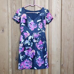Banana Republic Linen Short Sleeve Mini Party Dress, 0 Petite, Pink Blue Floral